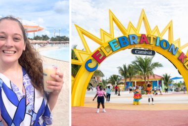 side by side image of Jenna selfie and Celebration Key entrance sign