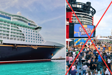 side by side image of Disney Wish cruise ship and Disney pool deck